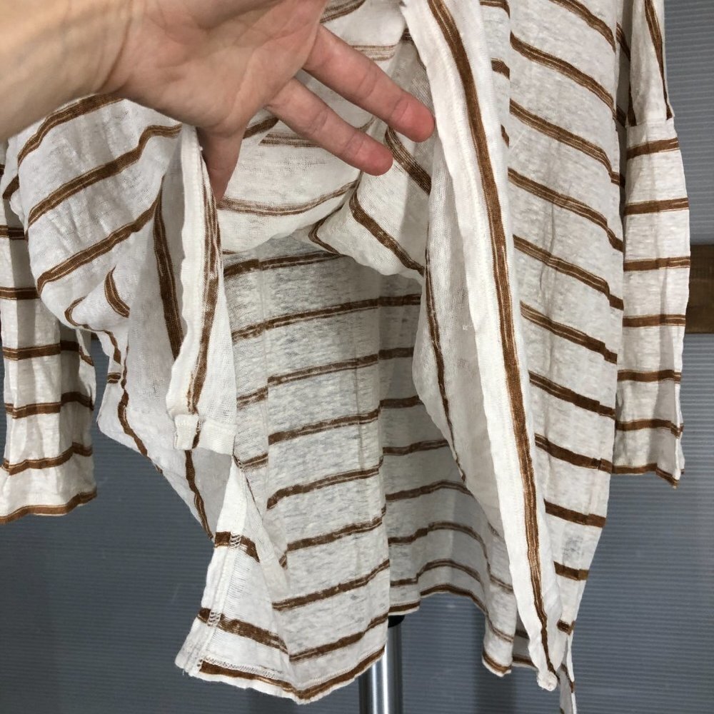 CLUB‎ MONACO 100% Linen Cream Brown Stripe 3/4 Sleeve Oversize Shirt Sz M/L - Picture 5 of 13